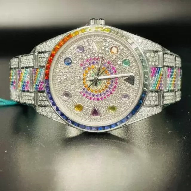 Rolex Oyster Perpetual Stainless Steel All Diamond Rainbow Watch, Gold Plated VVS Diamond Watch