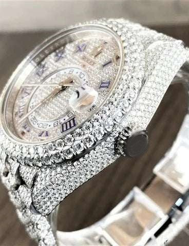 Rolex Sky Dweller Stainless Steel White VVS Diamond Watch, Gold Plated VVS Diamond Watch, Diamond Watch Birthday Gift For Him