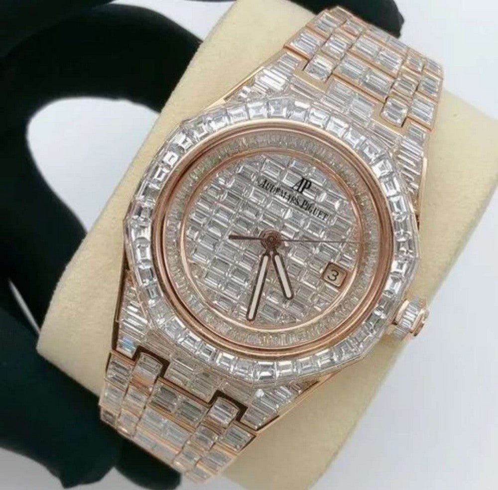 Full Iced Out Moissanite Baguette Diamond Men Watch, Stainless Steel Rose Gold Plated 42mm Men Watch