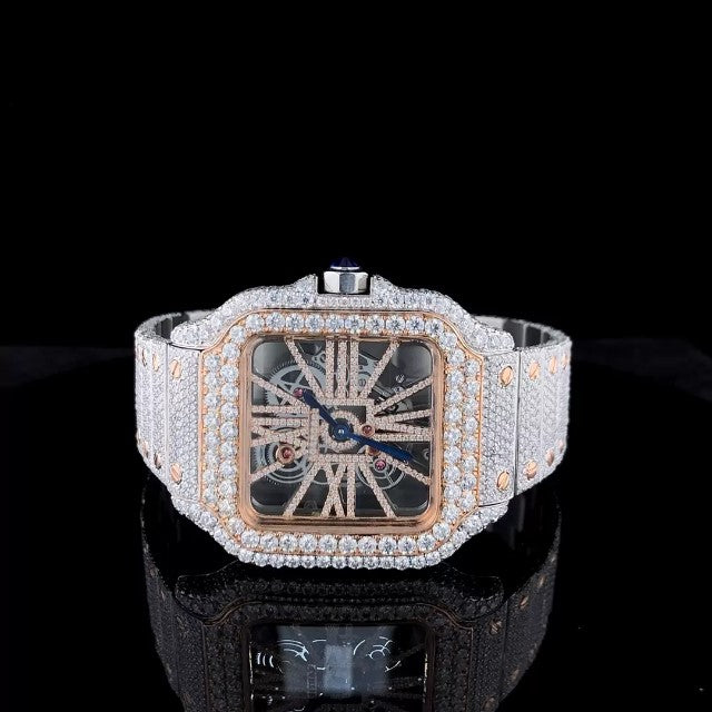 Cartier Santos Skeleton VVS Diamond Full Iced Out Men Watch, Stainless Steel White & Yellow Gold Plated Men Watch