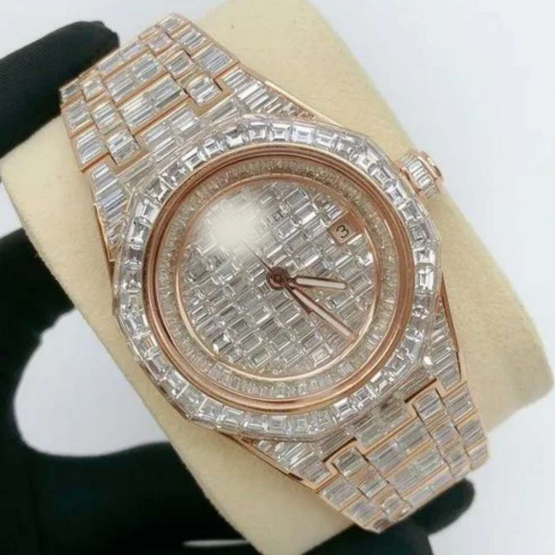 Baguette & Round VVS Diamond Full Iced Out Watch, Stainless Steel Self Winding Diamond Watch For Him, VVS Diamond Watch