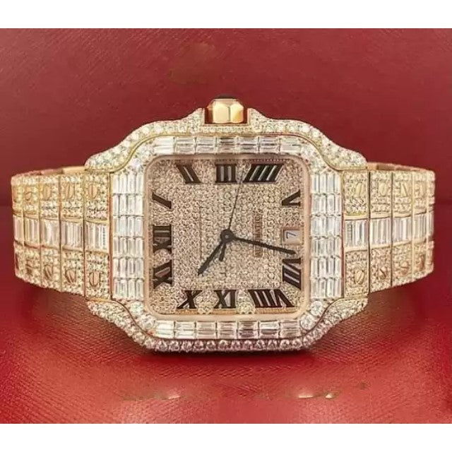 Cartier Santos Round & Baguette VVS Diamond Men Watch, Stainless Steel Rose Gold Plated Men Watch