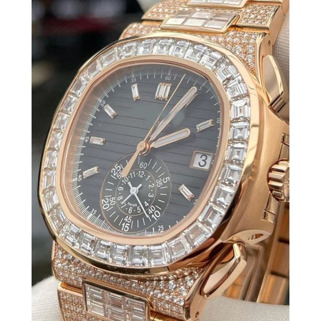 Patek Philippe Geneve Round & Baguette VVS Diamond Men Automatic Watch, Rose Gold Plated Full Iced Out Men Watch