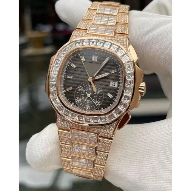 Patek Philippe Geneve Round & Baguette VVS Diamond Men Automatic Watch, Rose Gold Plated Full Iced Out Men Watch