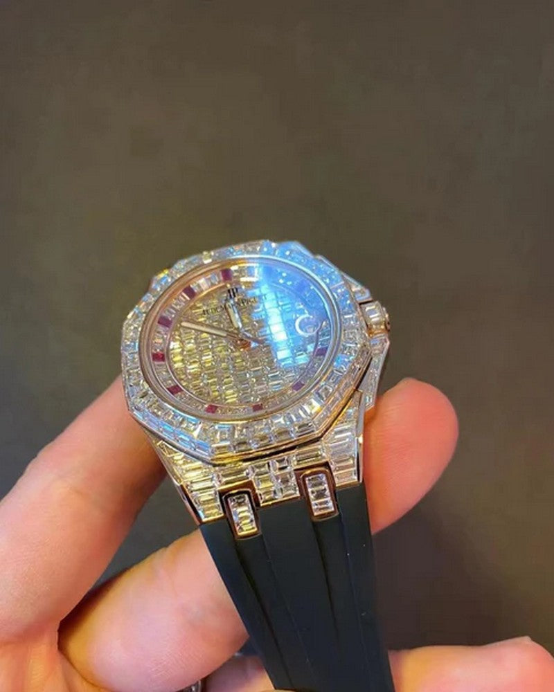 Full Iced Out VVS Baguette Diamond Men Watch, Stainless Steel All Chronology Working White Gold Plated 42mm Men Watch