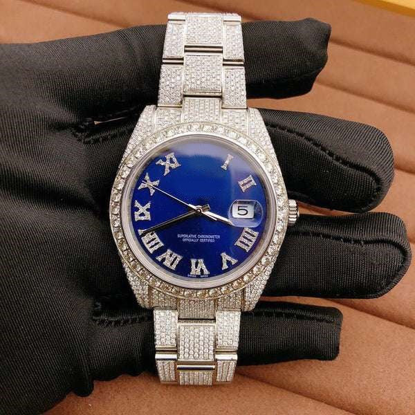 Rolex Blue VVS Diamond Iced Out Men Watch, White Gold Plated Stainless Steel Men Watch