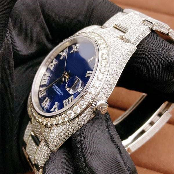 Rolex Blue VVS Diamond Iced Out Men Watch, White Gold Plated Stainless Steel Men Watch