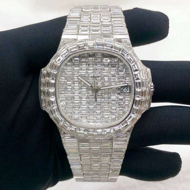 Patek Philippe Baguette Moissanite Diamond Men Automatic Watch, White Gold Plated Full Iced Out Men Moissanite Watch