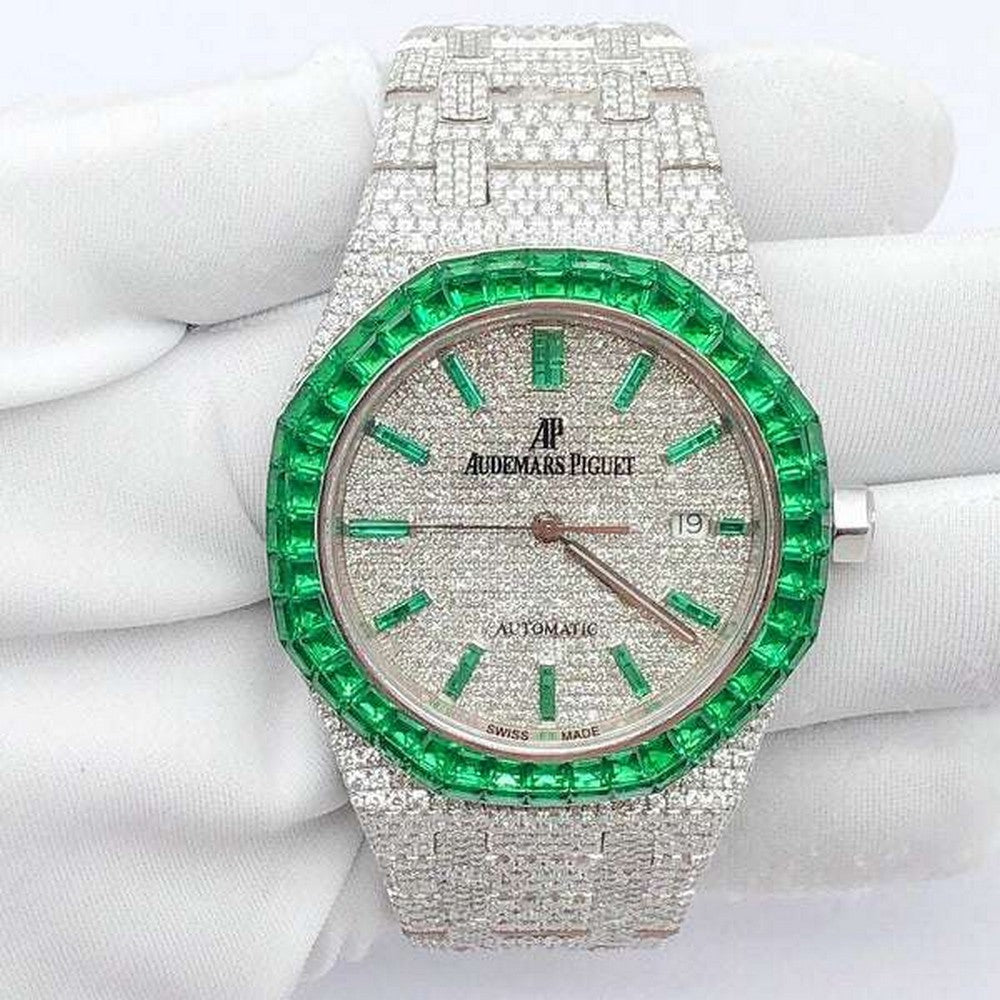 Green Baguette Sapphire & Round VVS Diamond Full Iced Out Watch, Self Winding White Gold Plated Men Wrist Watch,Stainless Steel Diamond Watch For Men