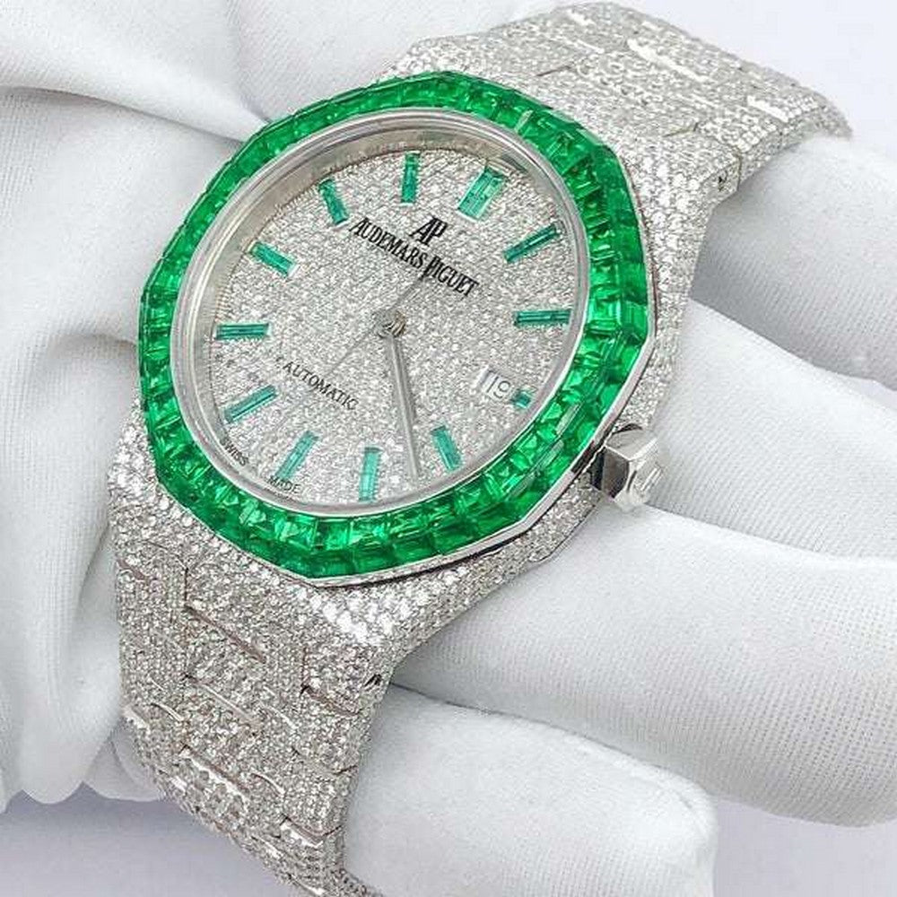 Green Baguette Sapphire & Round VVS Diamond Full Iced Out Watch, Self Winding White Gold Plated Men Wrist Watch,Stainless Steel Diamond Watch For Men