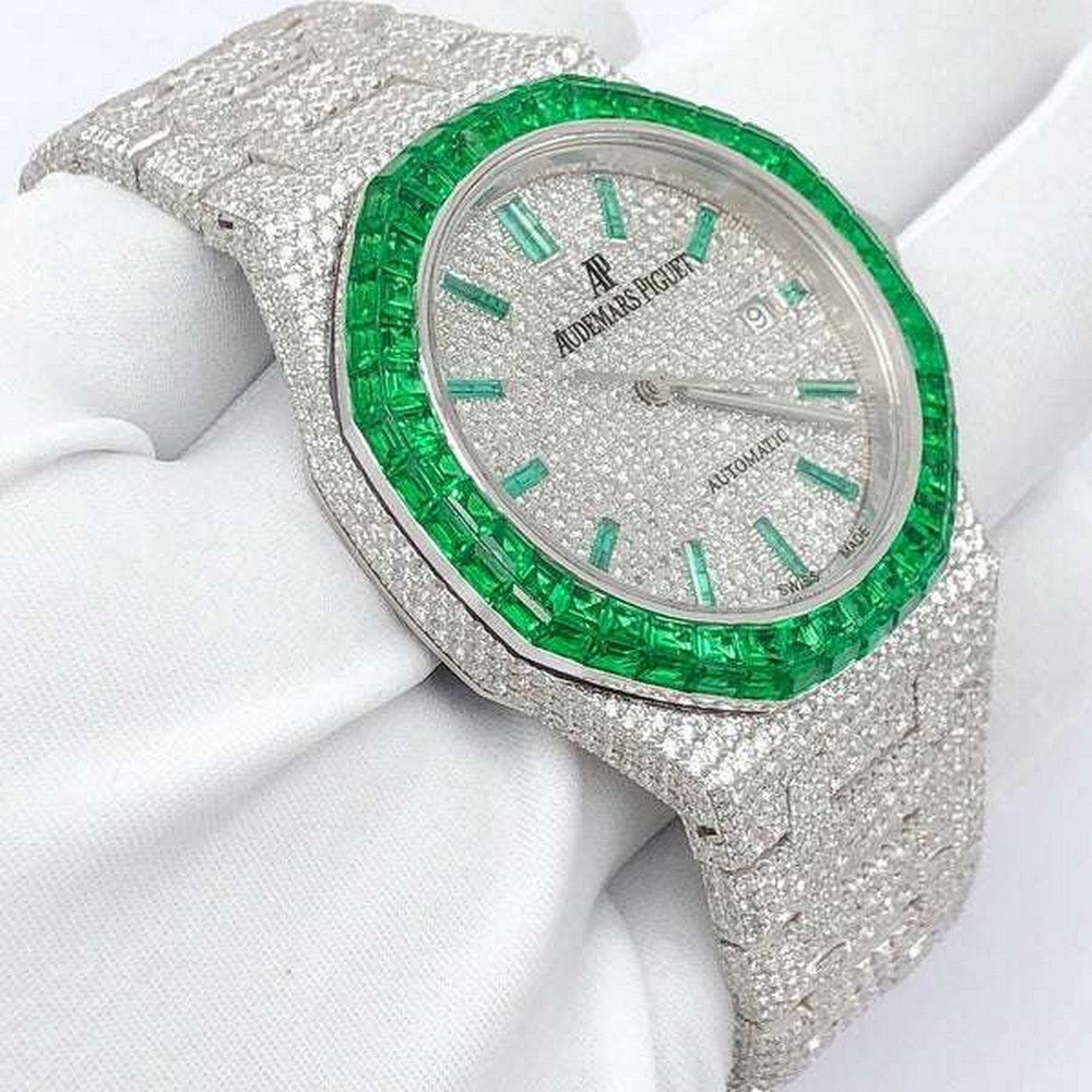 Green Baguette Sapphire & Round VVS Diamond Full Iced Out Watch, Self Winding White Gold Plated Men Wrist Watch,Stainless Steel Diamond Watch For Men