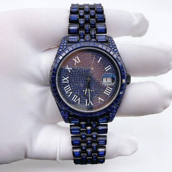 Rolex President Blue Baguette Diamond Men Automatic Watch, White Gold Plated Men Watch