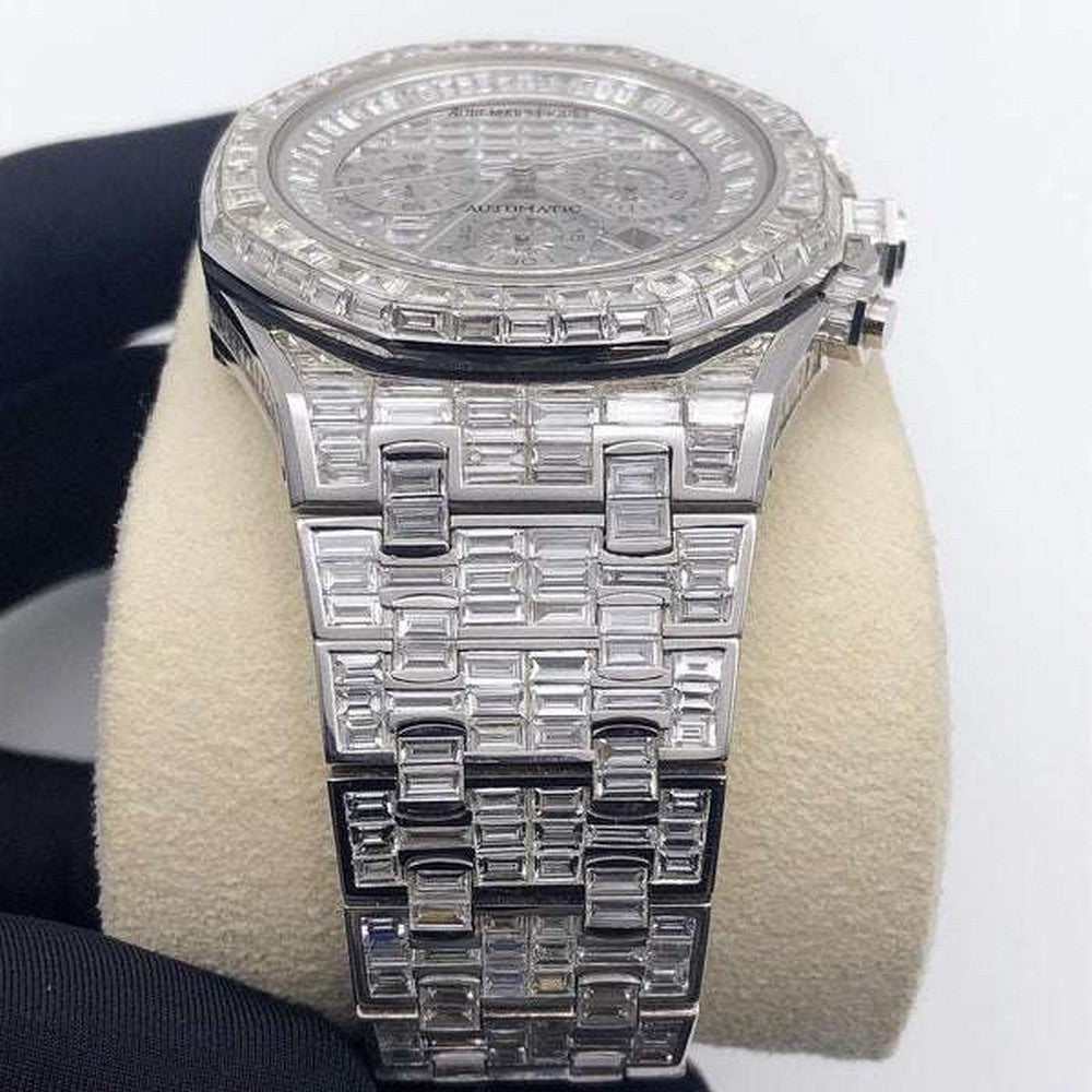 Full Iced Out VVS Baguette Diamond Men Watch, Stainless Steel All Chronology Working White Gold Plated 42mm Men Watch