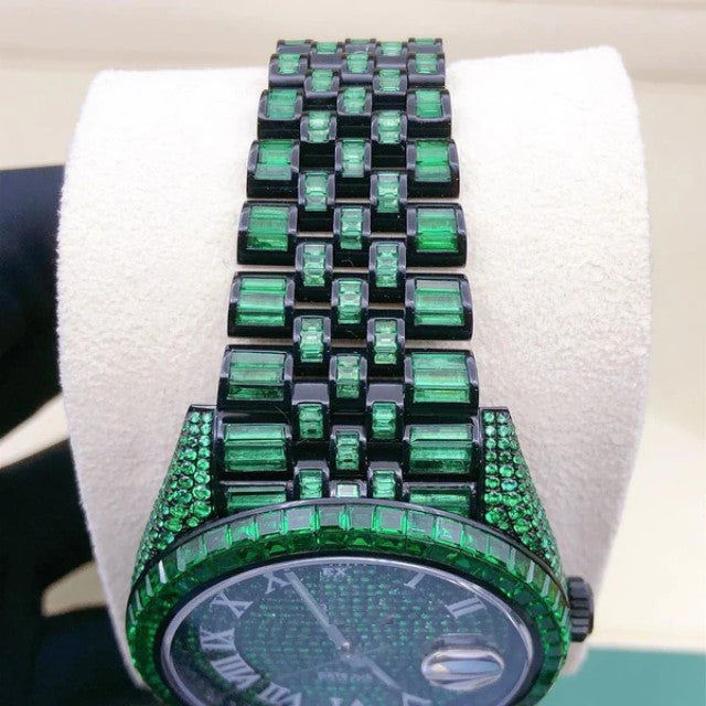 Rolex President Green Sapphire Baguette Diamond Men Automatic Watch