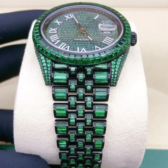 Rolex President Green Sapphire Baguette Diamond Men Automatic Watch