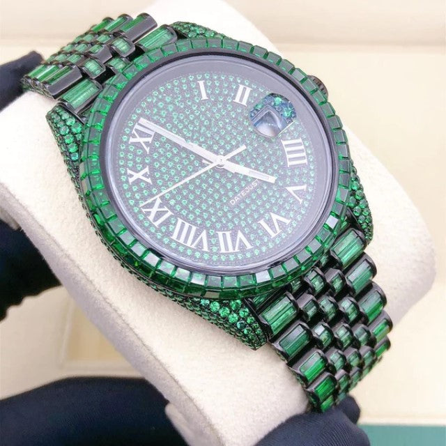 Rolex President Green Sapphire Baguette Diamond Men Automatic Watch