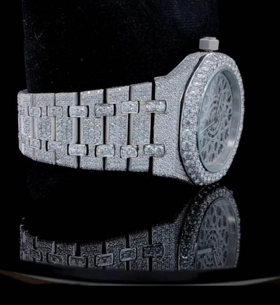 Skeleton Full Iced Out VVS Diamond Men Watch, Stainless Steel White Gold Plated Swiss Made Swiss Movement 42mm Men Diamond Watch