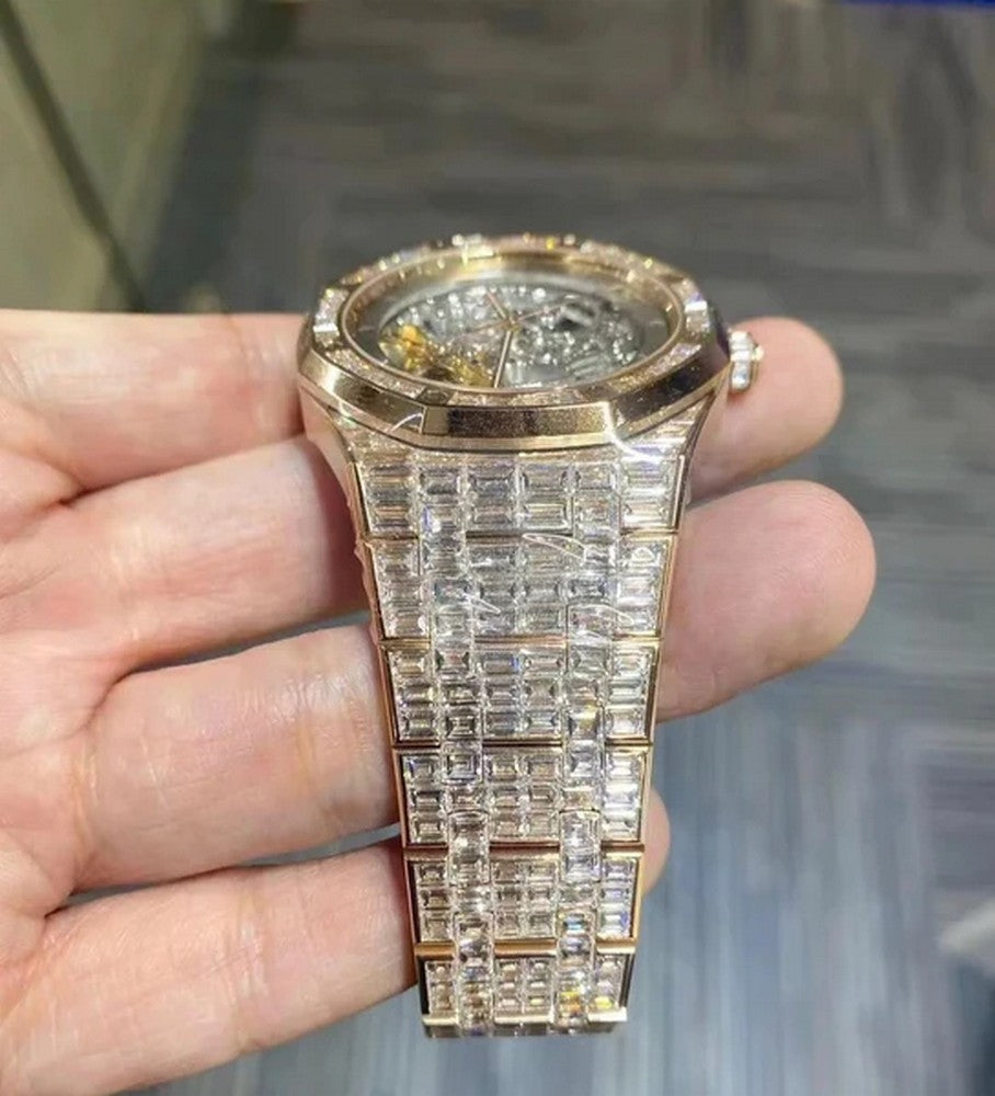 Baguette VVS Diamond Full Iced Out Watch, Stainless Steel Self Winding Diamond Watch For Him, VVS Diamond Watch