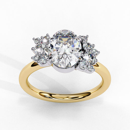 Oval Cut Lab Grown Diamond Engagement Ring - Two-Tone Cluster Side Stone Setting | IGI Certified | Sarva Jewels