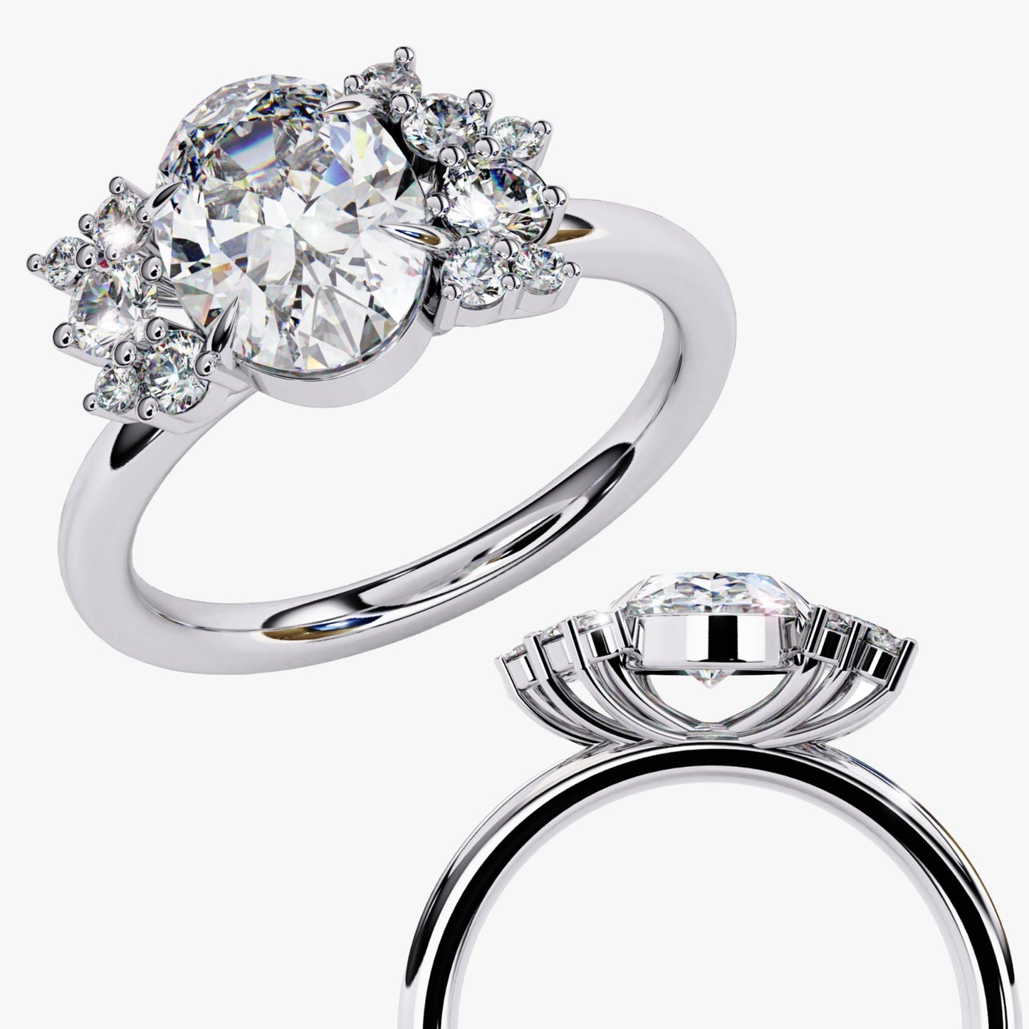 Oval Cut Lab Grown Diamond Engagement Ring - Two-Tone Cluster Side Stone Setting | IGI Certified | Sarva Jewels