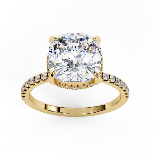 Cushion Cut Lab Grown Diamond Engagement Ring - Yellow Gold Pavé Band Setting | IGI Certified | Sarva Jewels