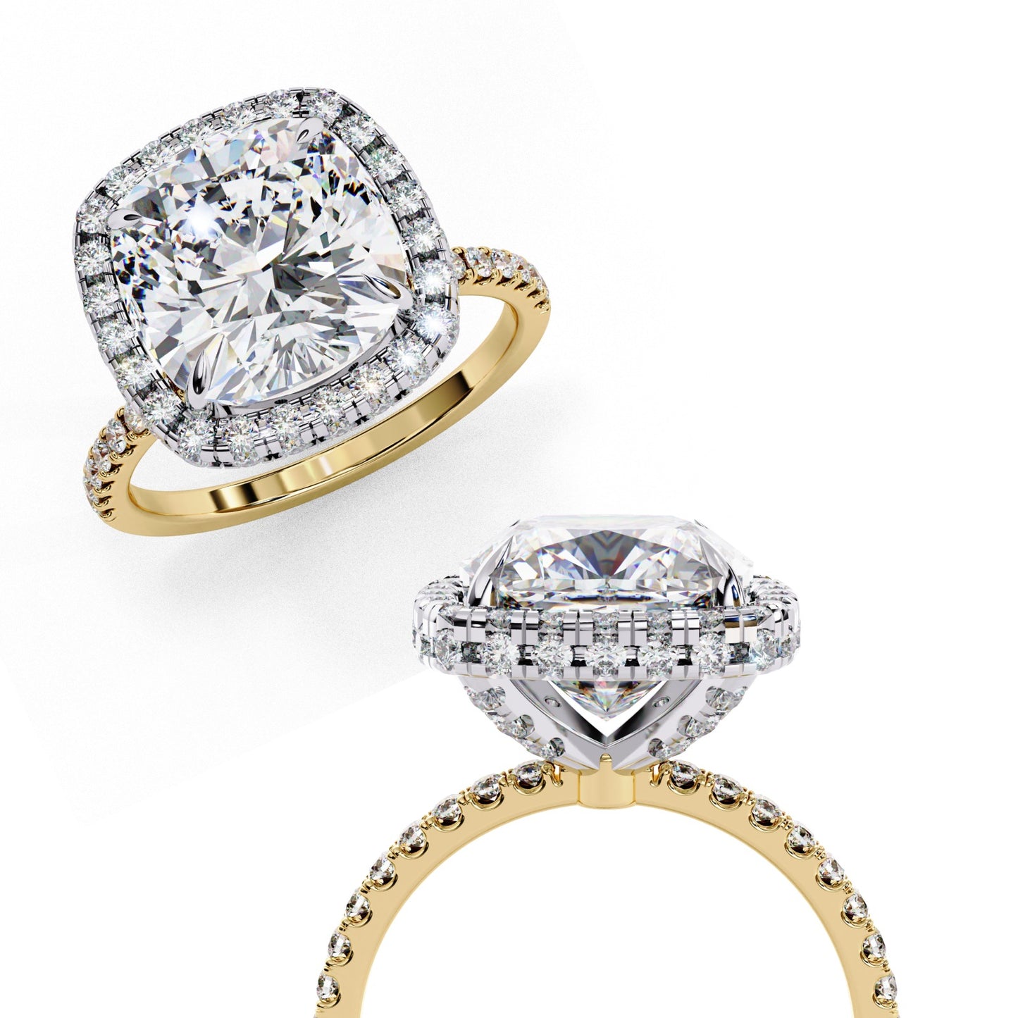 Cushion Cut Lab Grown Diamond Halo Engagement Ring - Two-Tone Pavé Setting | IGI Certified | Sarva Jewels
