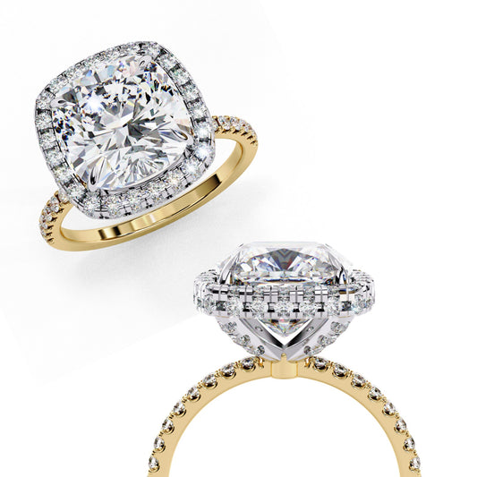 Cushion Cut Lab Grown Diamond Halo Engagement Ring - Two-Tone Pavé Setting | IGI Certified | Sarva Jewels