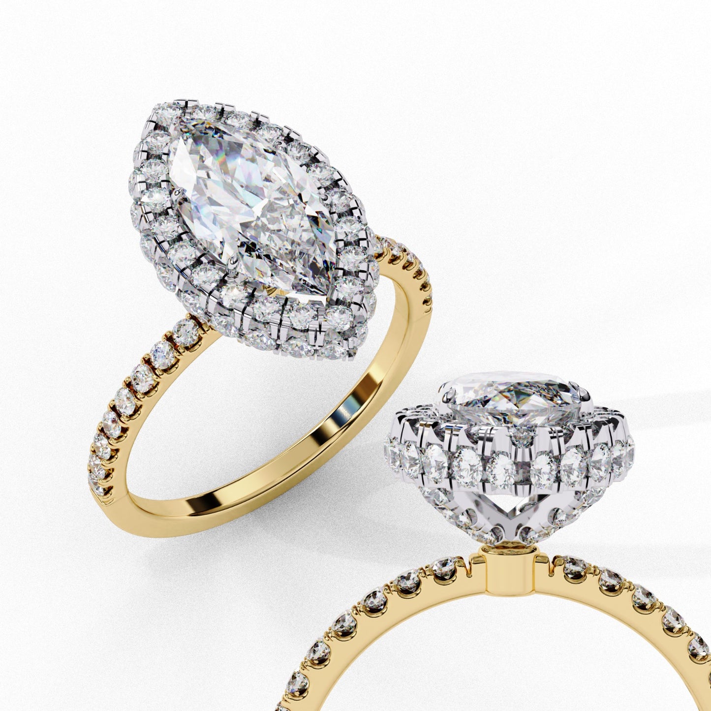 Marquise Cut Lab Grown Diamond Halo Engagement Ring - Two-Tone Pavé Setting | IGI Certified | Sarva Jewels