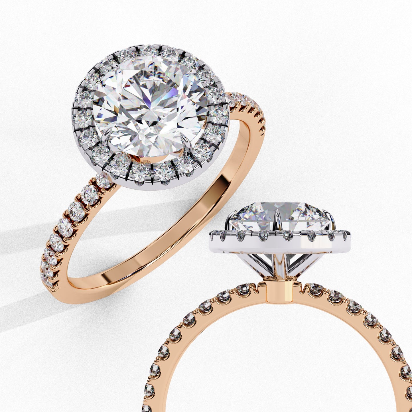 Round Cut Lab Grown Diamond Halo Engagement Ring - Two-Tone Pavé Setting | IGI Certified | Sarva Jewels