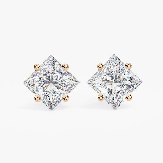 Princess Cut Lab Grown Diamond Stud Earrings - Rose Gold Setting | IGI Certified | Sarva Jewels